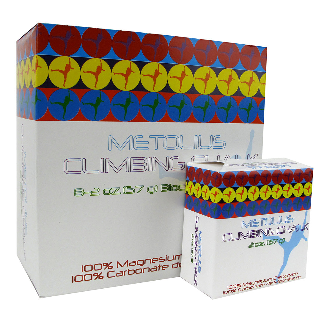 Metolius Block Chalk showing one of the eight blocks in front of larger outer packaging