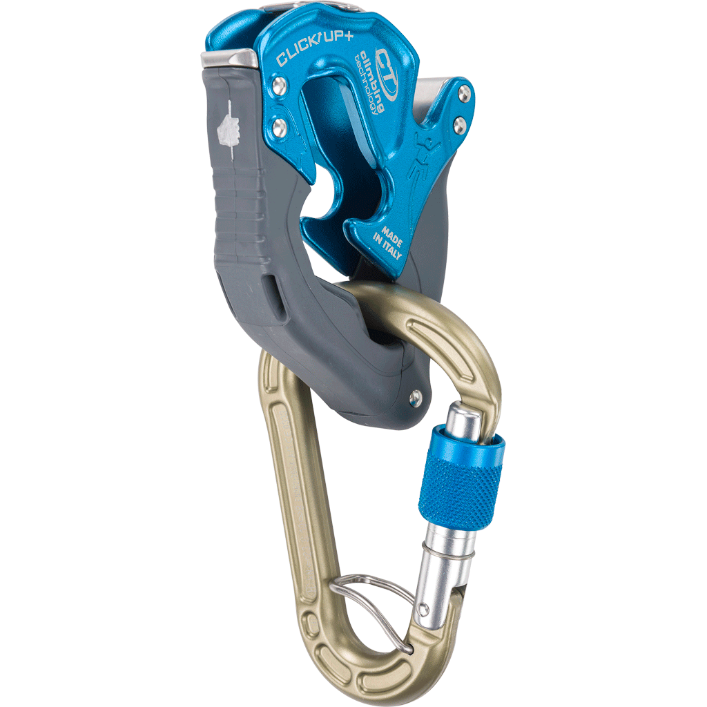 Climbing Technology Click Up Plus belay device, shown in blue colour with carabiner attached