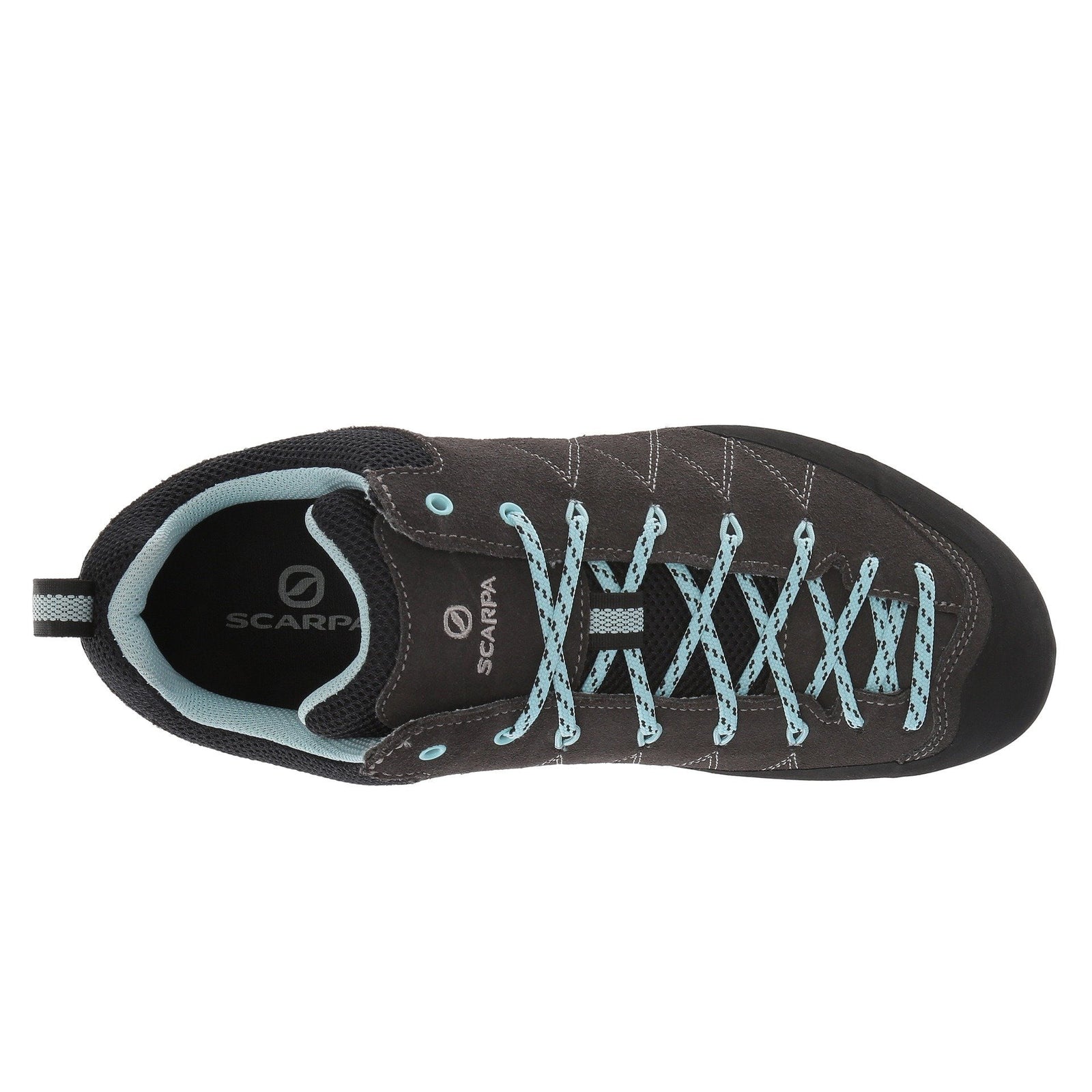 Scarpa Crux Womens approach shoe in black/blue colours, outer side view