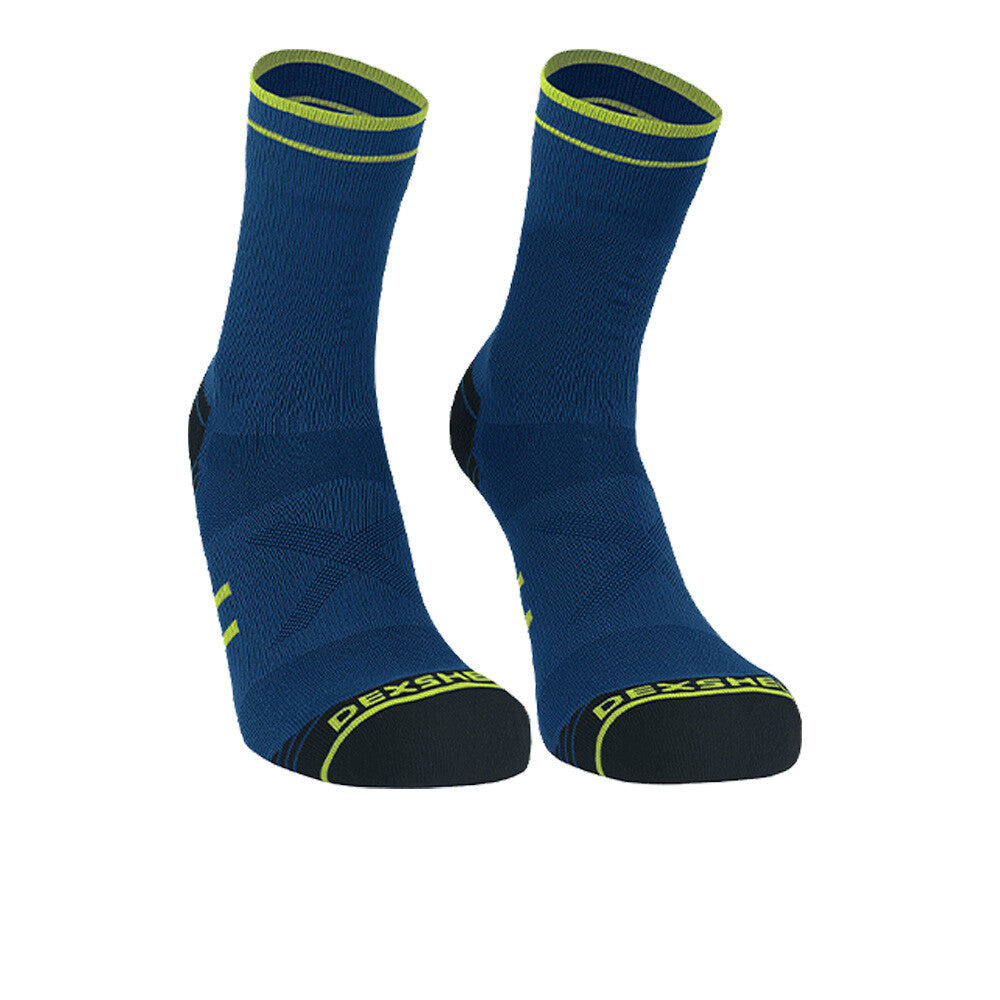 Pair of blue socks with green accents on a white background
