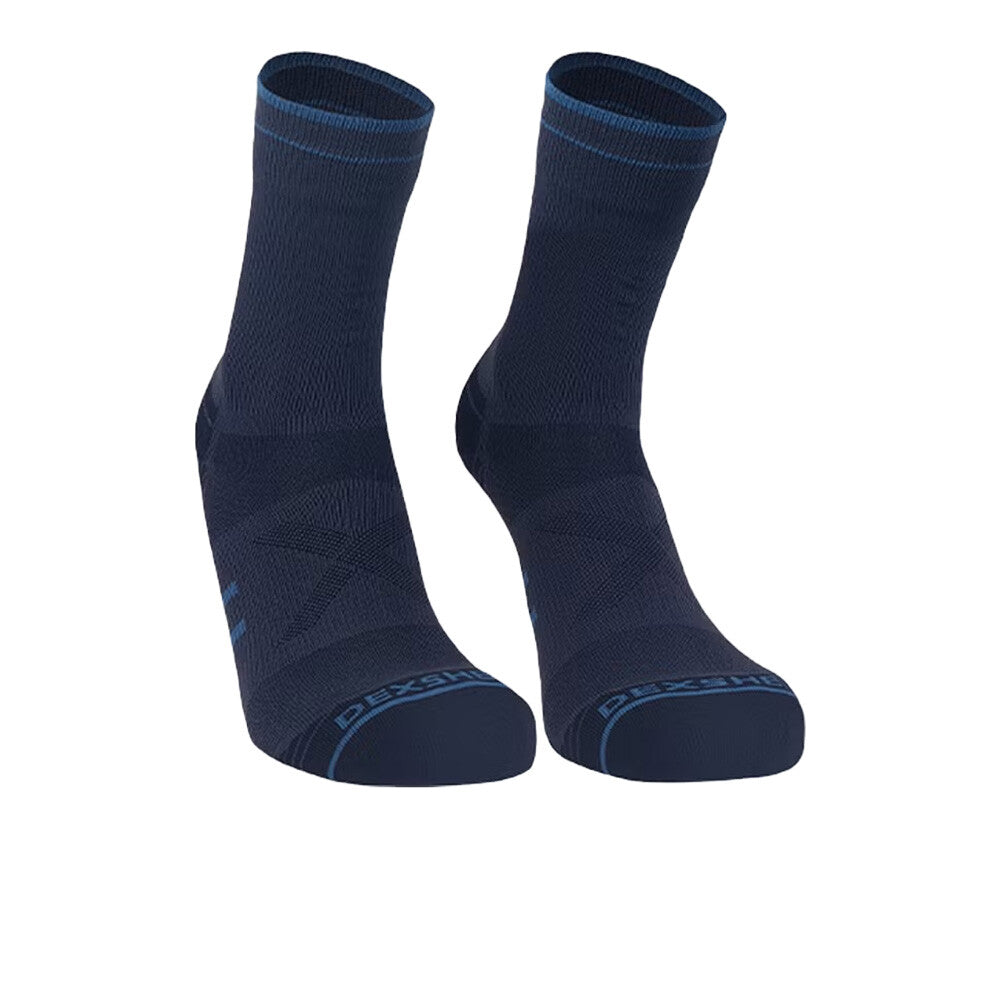Pair of navy blue socks with brand logo on a white background