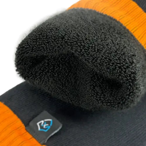 Black socks with orange accents on a white background