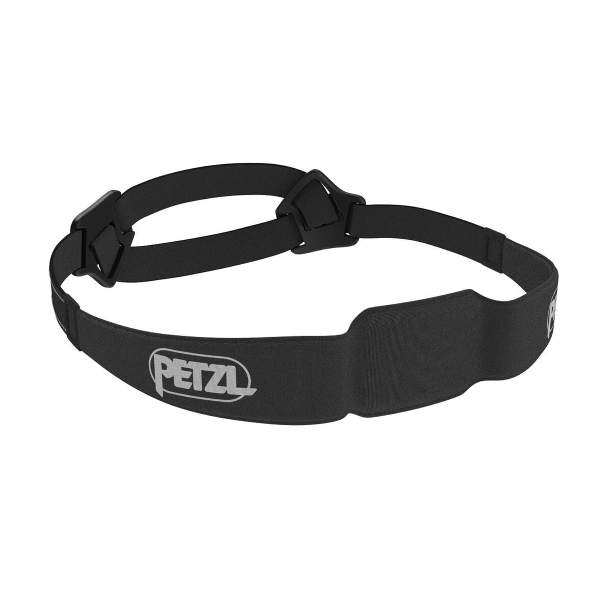 Black Petzl headlamp strap on a white background