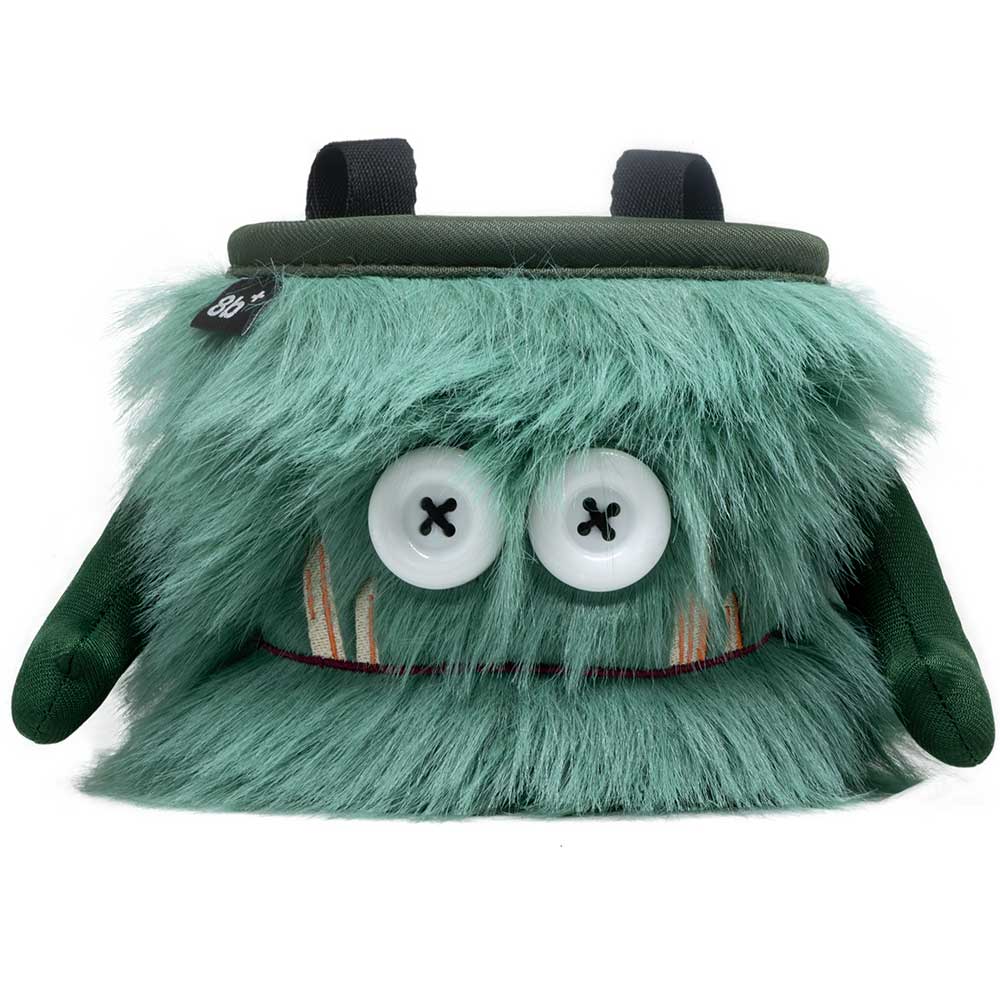 8BPlus Flint Chalk Bag with green fur and big white eyes