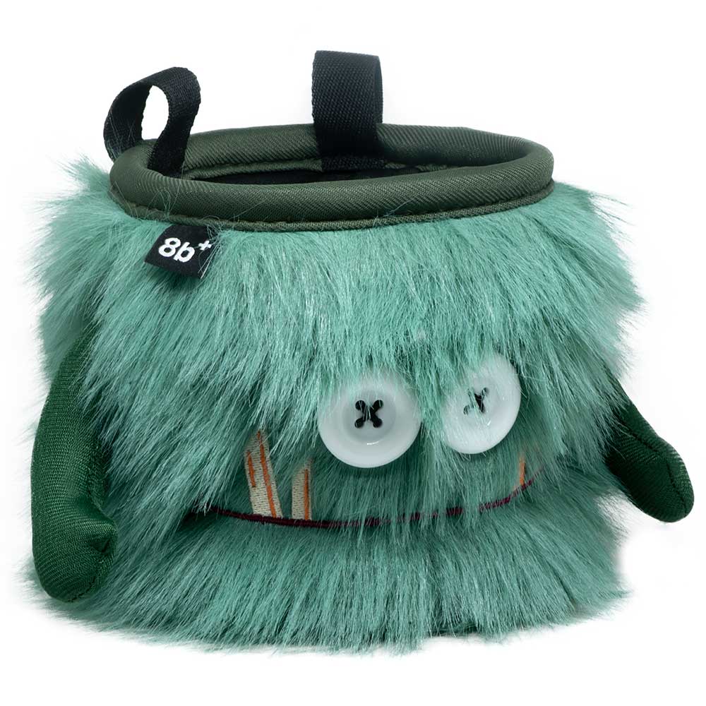 8BPlus Flint Chalk Bag with green fur and big white eyes