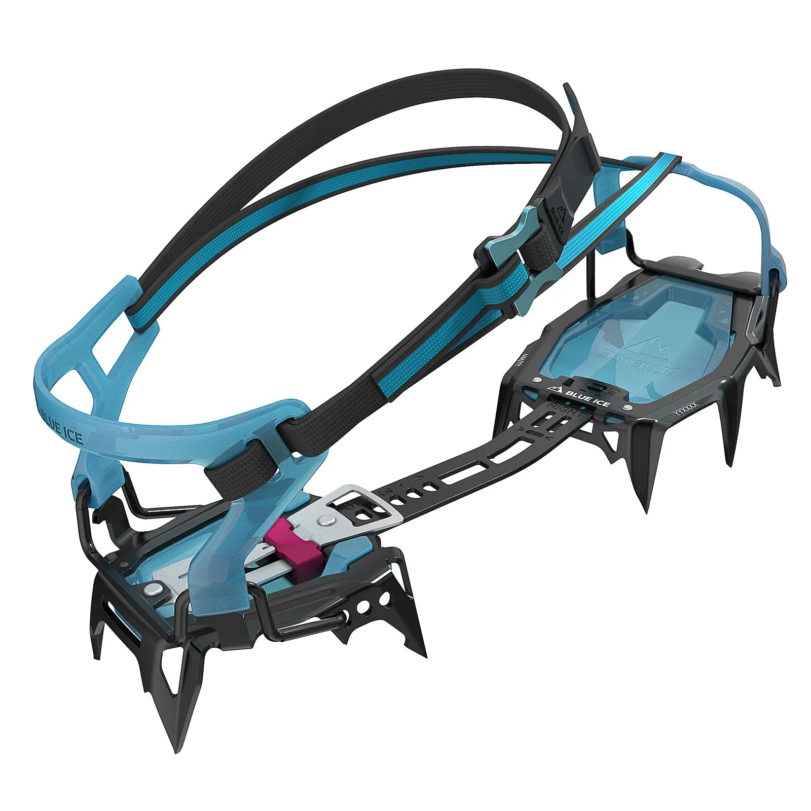 Ice crampon with blue straps and black spikes on a white background