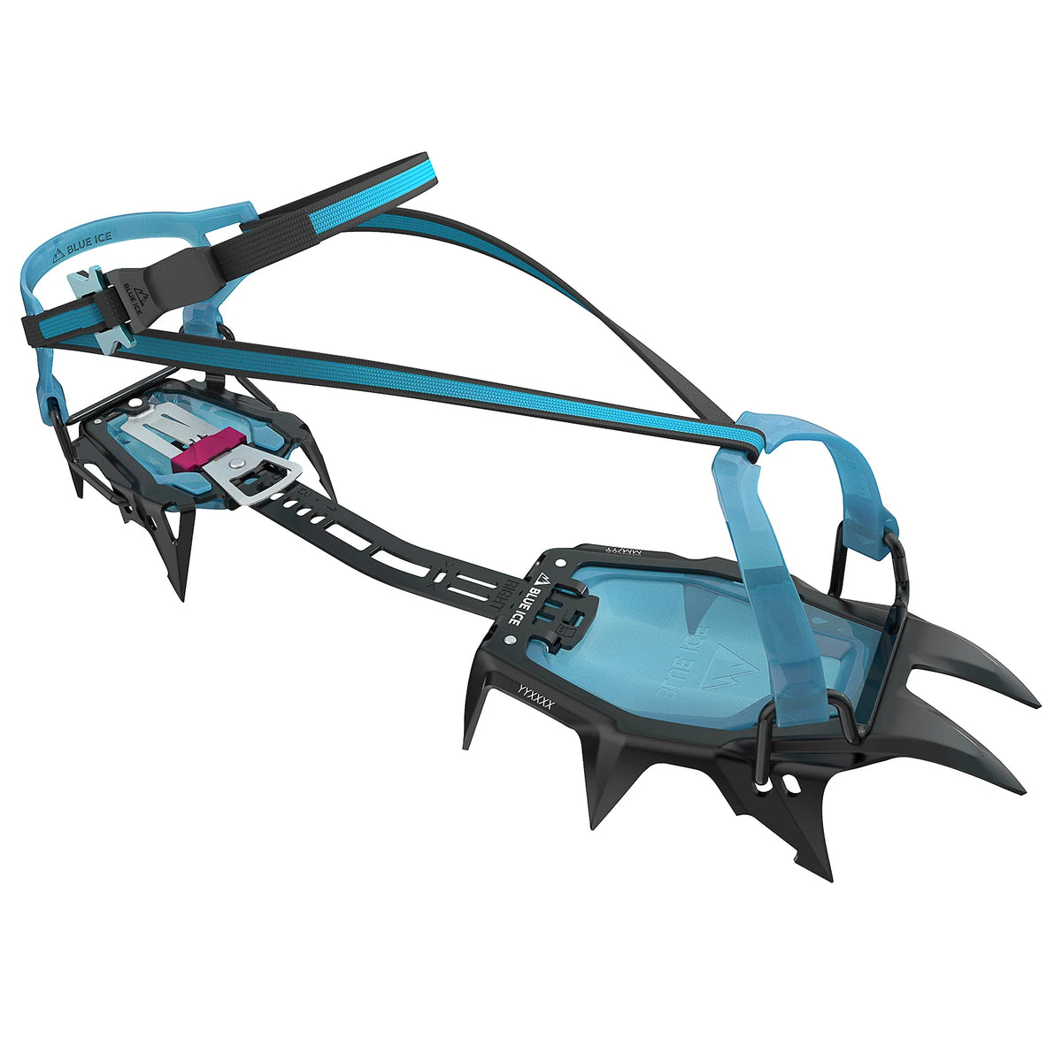Ice crampon with blue straps and black spikes on a white background