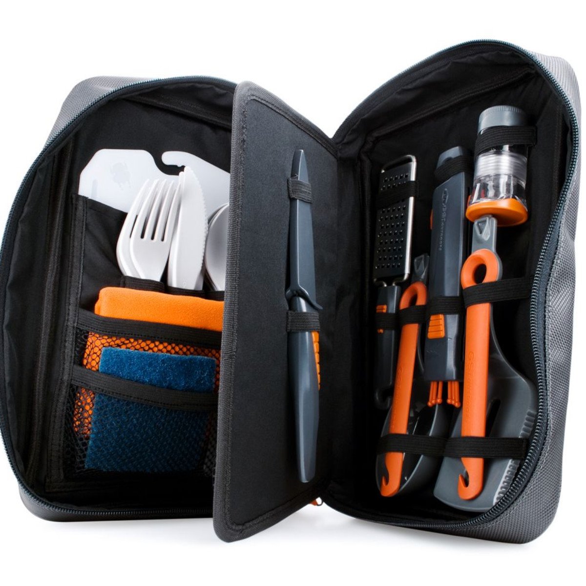 GSI Destination Kitchen 24, showing storage pack open with camping cutlery inside