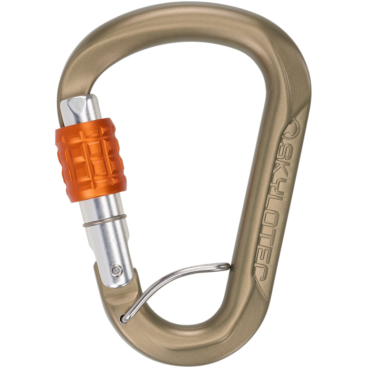 Metal carabiner with orange lock on a white background