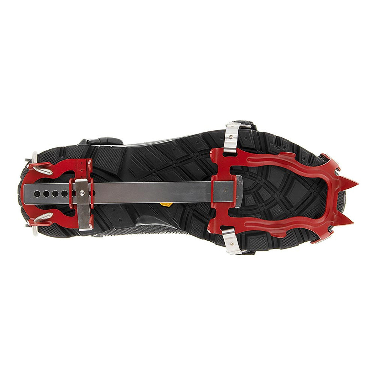Black hiking boot with red crampon on a white background