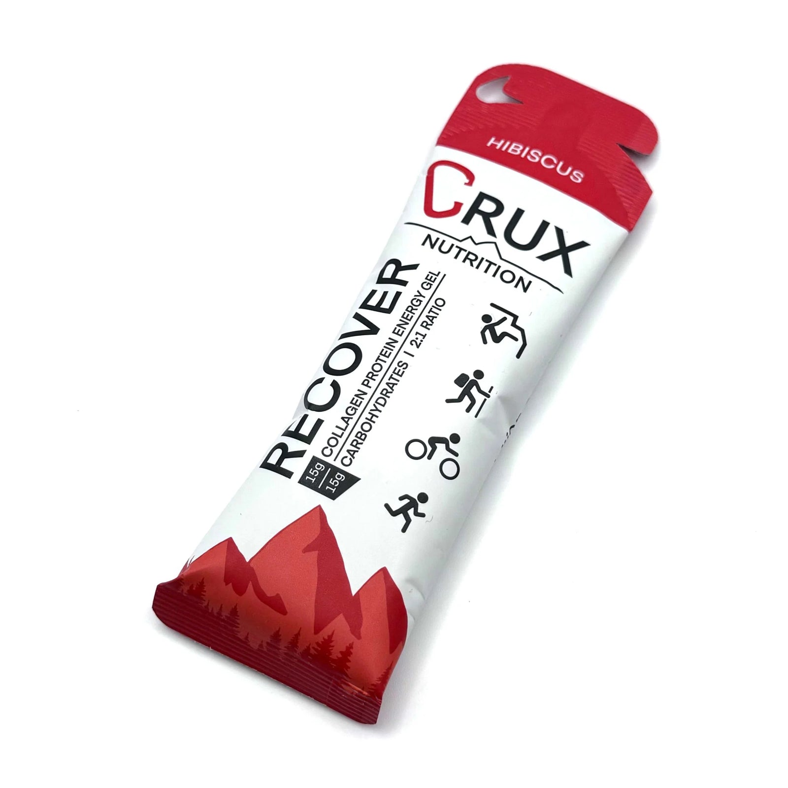 A single CRUX Nutrition Hibiscus Recover protein powder stick pack, featuring a white and red design with mountain graphics, shown on a clean white background.