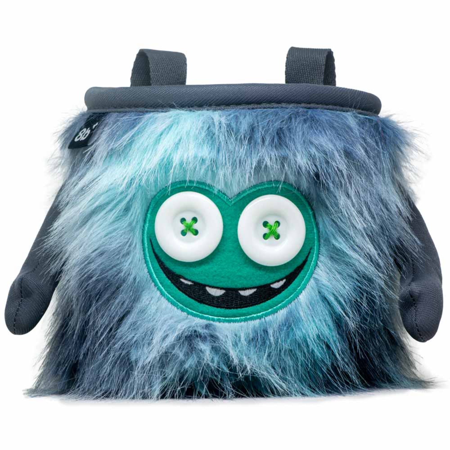 Plush backpack with a blue furry texture, green face, and button eyes on a white background