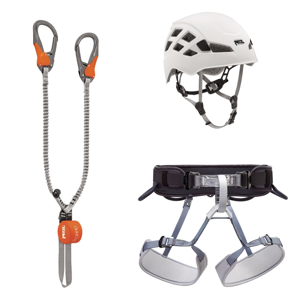 Climbing helmet, harness, and carabiner set on a white background