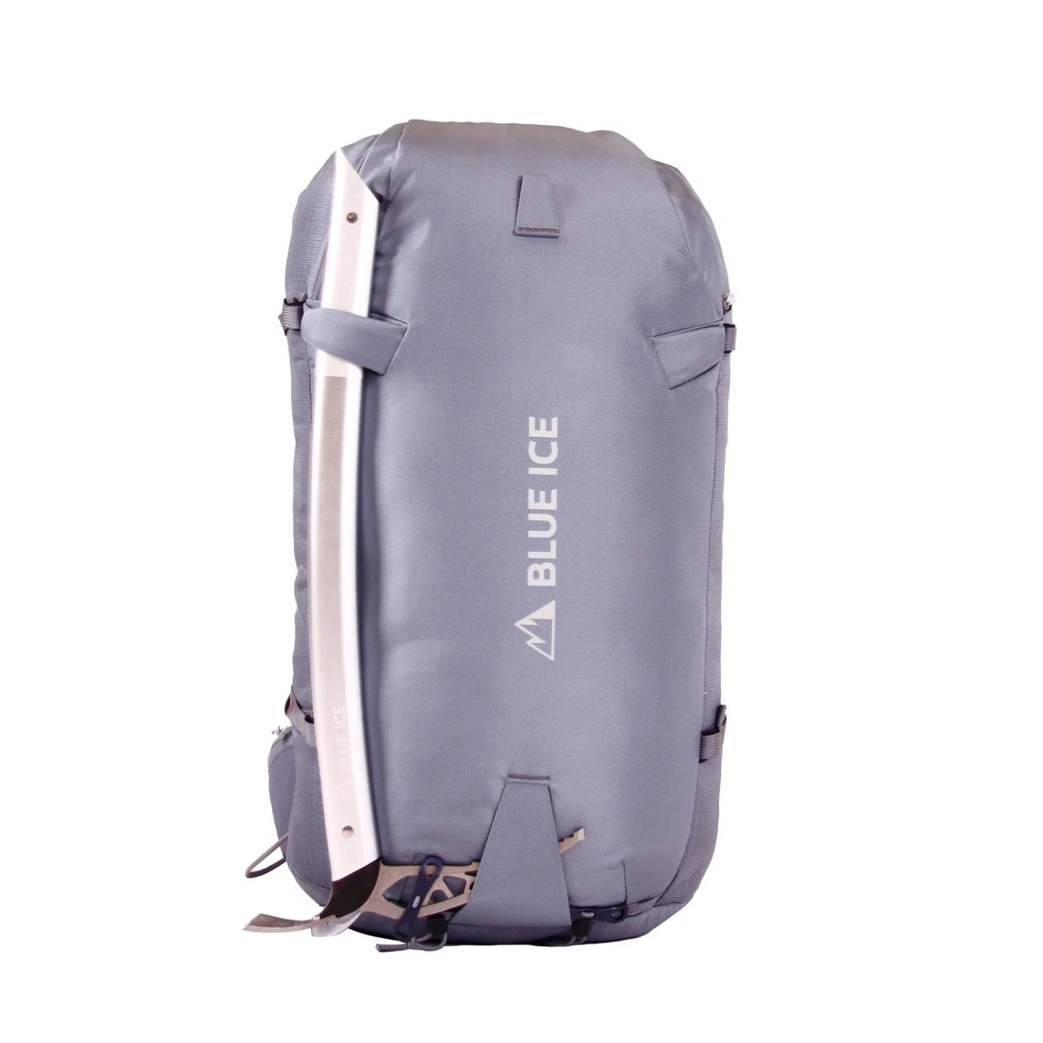 A light gray waterproof backpack shown from the side against a plain white background, featuring the brand name 'BLUE ICE' printed vertically on the side.