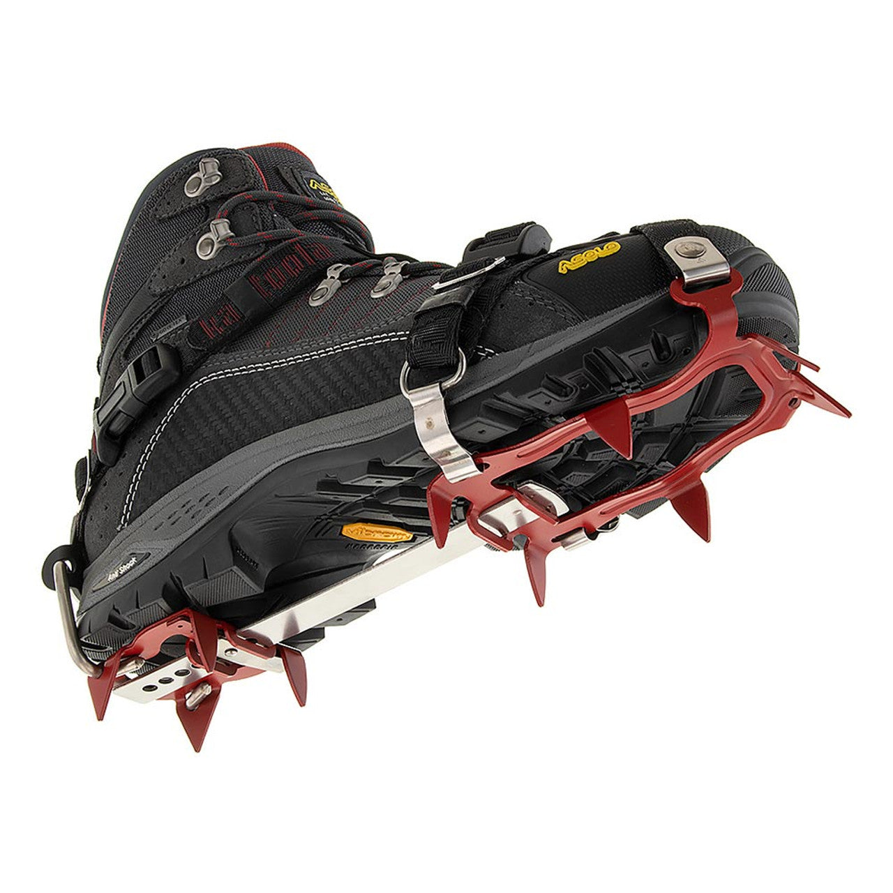 Black hiking boot with red crampon on a white background