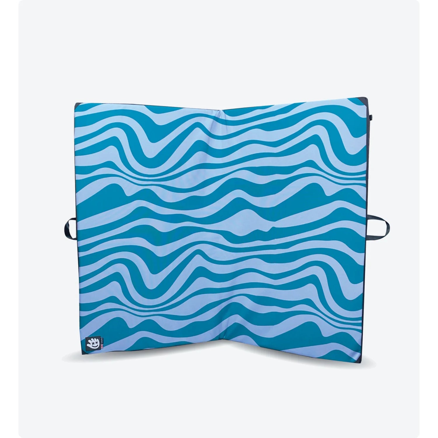 Foldable seat with blue and white wavy pattern on a white background