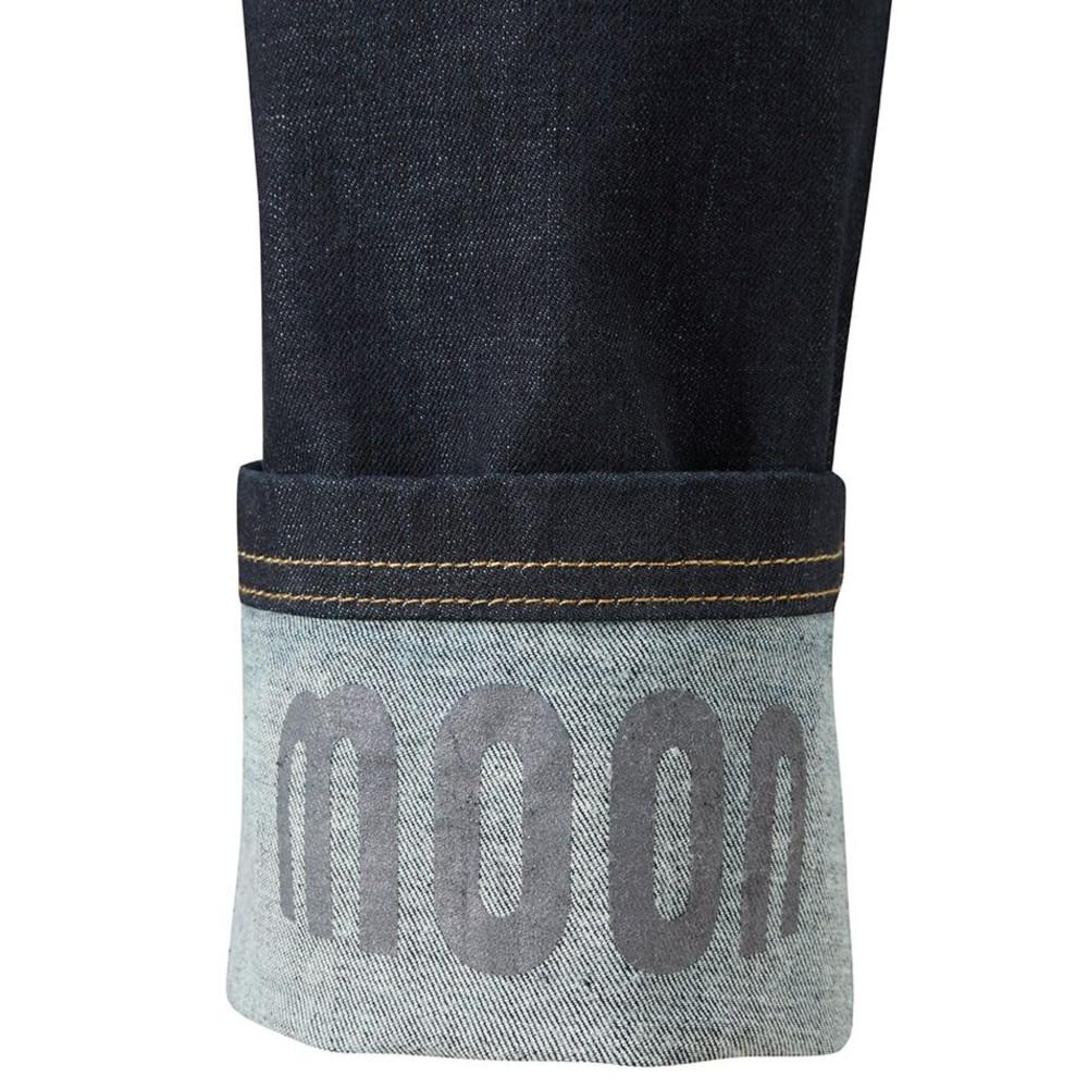 Close up of Moon Hubble X Slim Fit Denim Climbing Jeans upturned bottoms showing logo