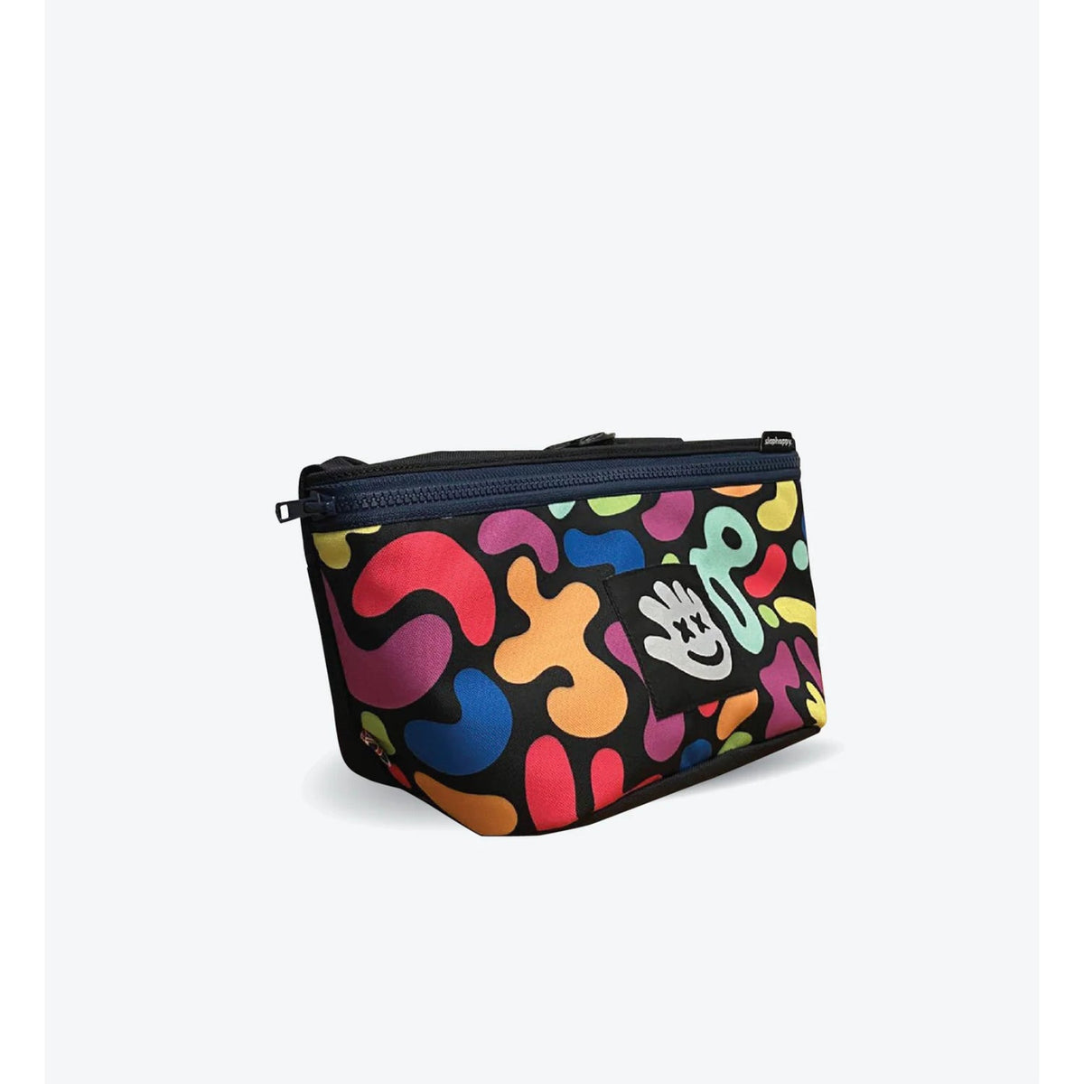 Colorful pouch with abstract designs on a black background