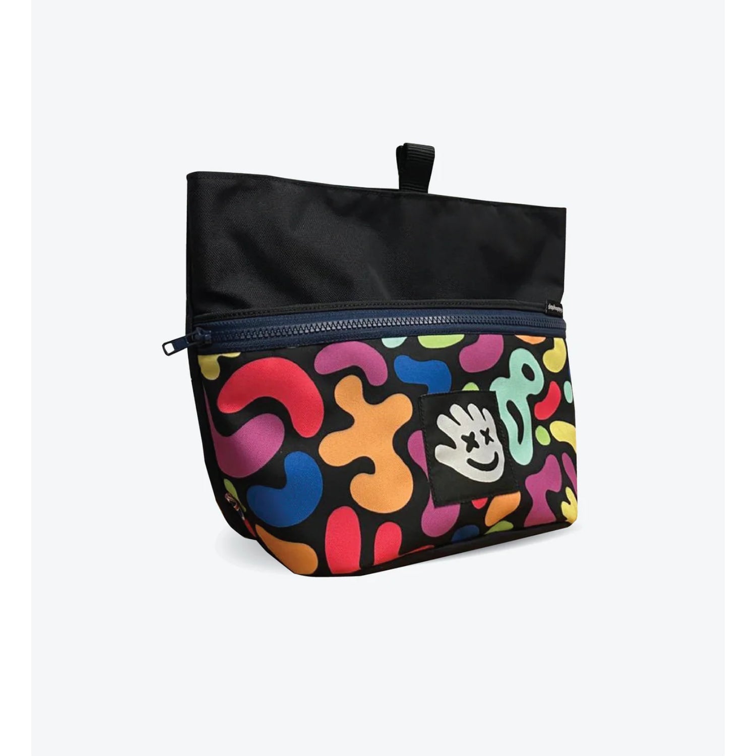 Colorful patterned bag with a logo on a white background