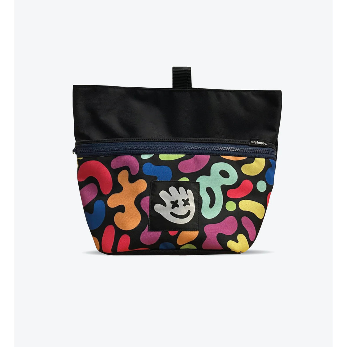 Colorful patterned bag with a logo on a white background