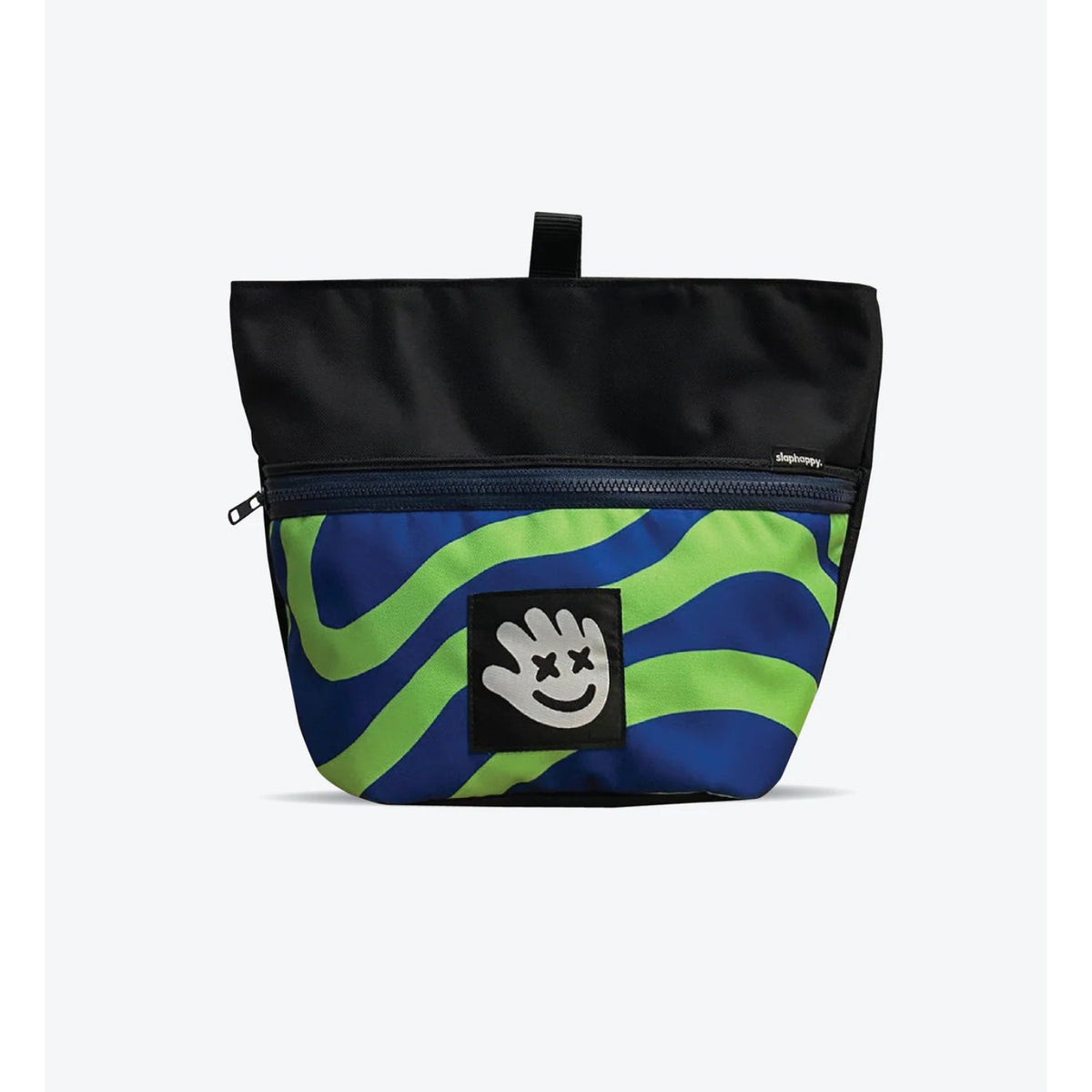 Black and blue bag with green wavy pattern and smiley face logo on a white background