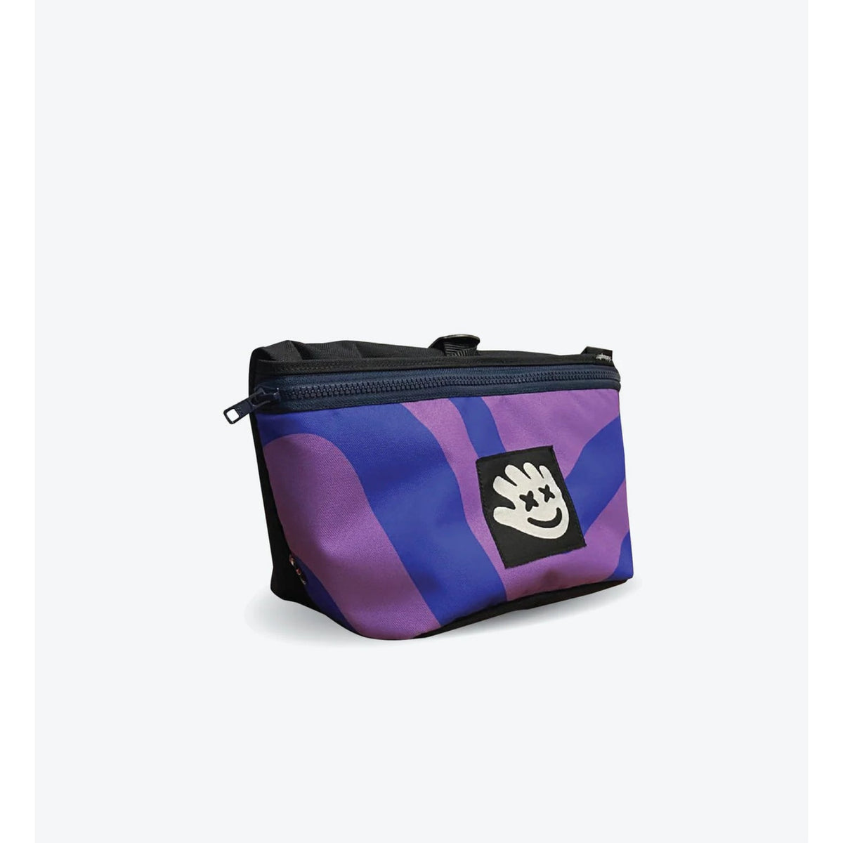 Purple and black striped pouch with a logo on a white background