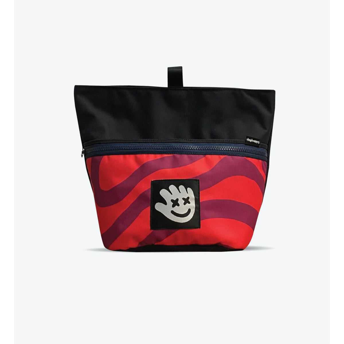 Black and red bag with a smiley face logo on a white background