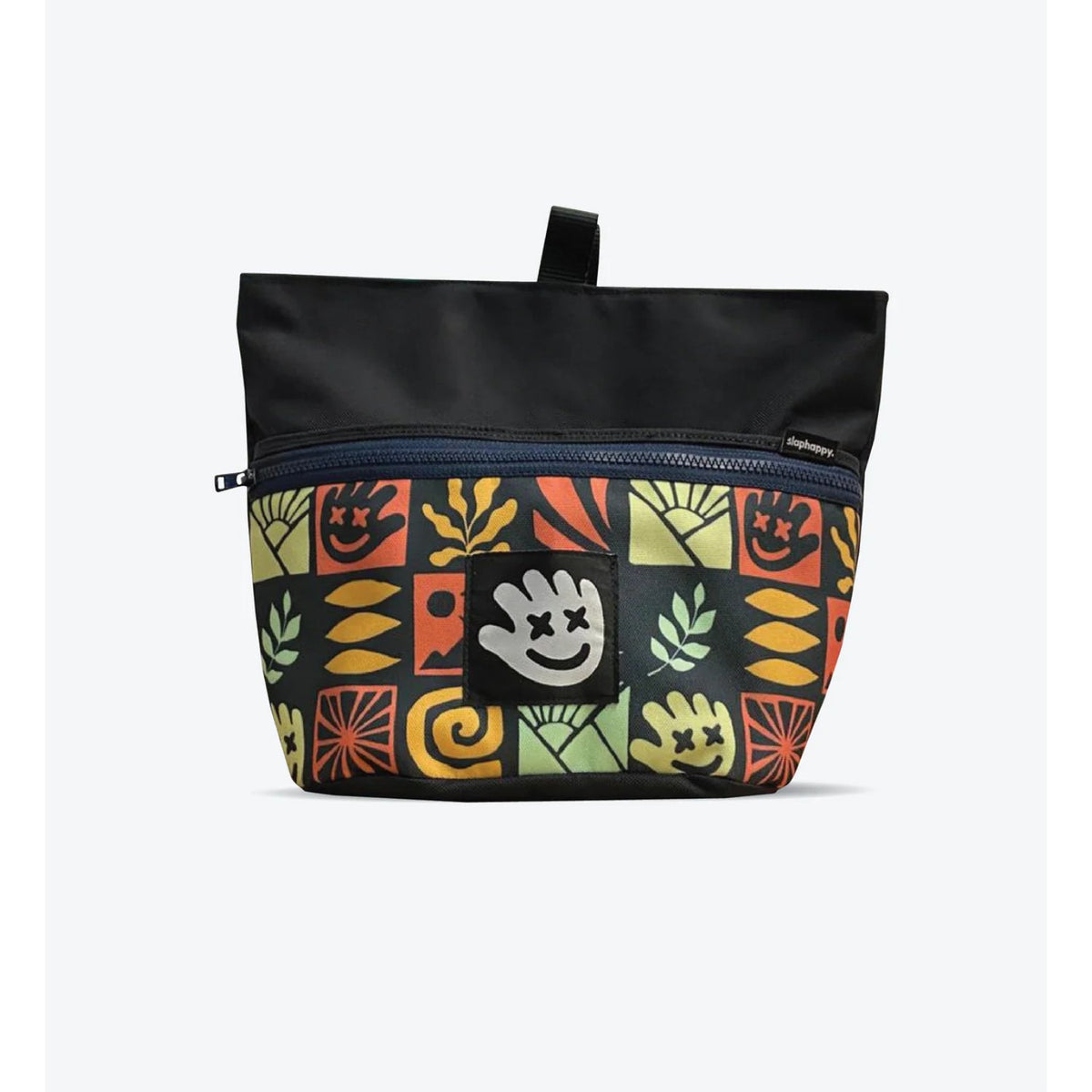 Black bag with colorful pattern on a white background
