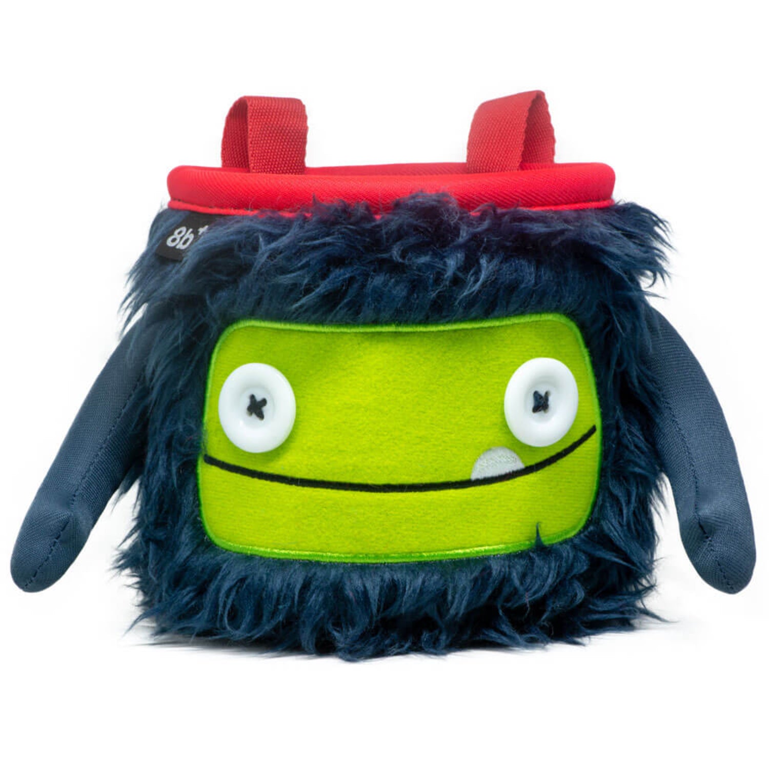Plush climbing chalk bag with a green face, blue body, and red hat on a white background
