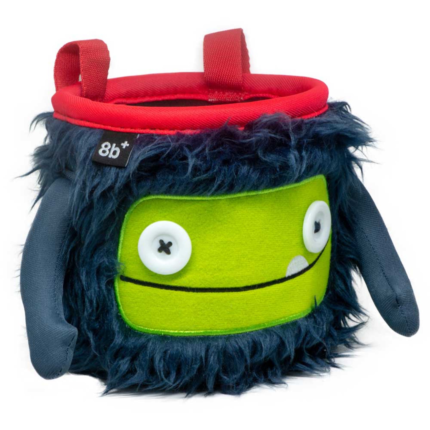 Plush climbing chalk bag with a green face, blue body, and red hat on a white background