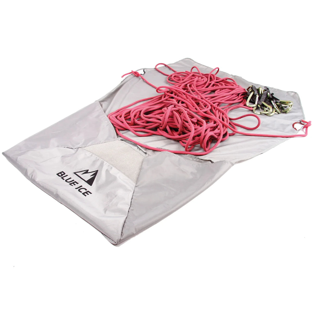 Blue Ice Octopus 45L rope tarp laid flat with climbing rope and gear, highlighting its integrated tarp feature for climbers.