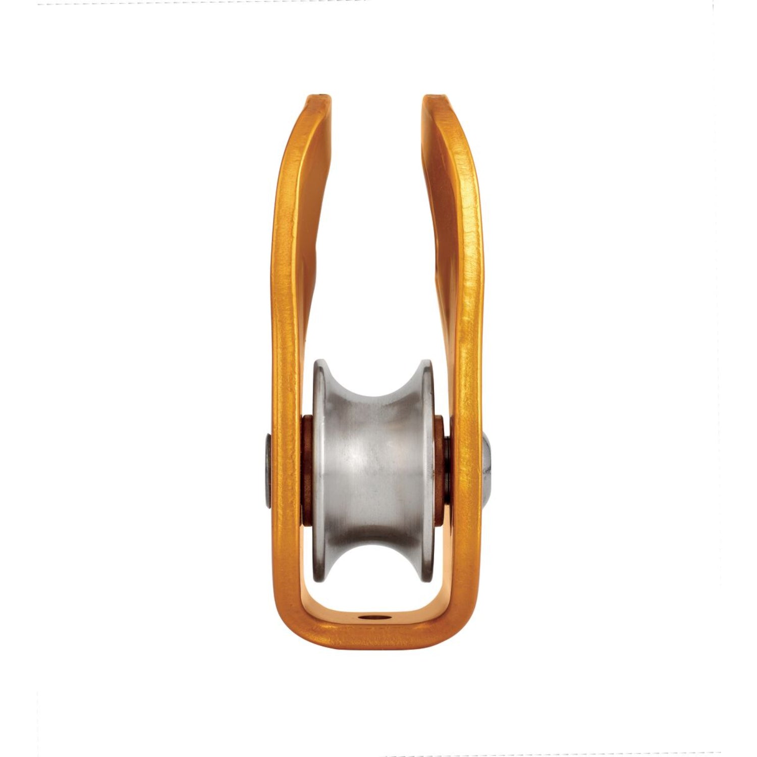 Yellow climbing pulley with 'Petzl' branding on a white background