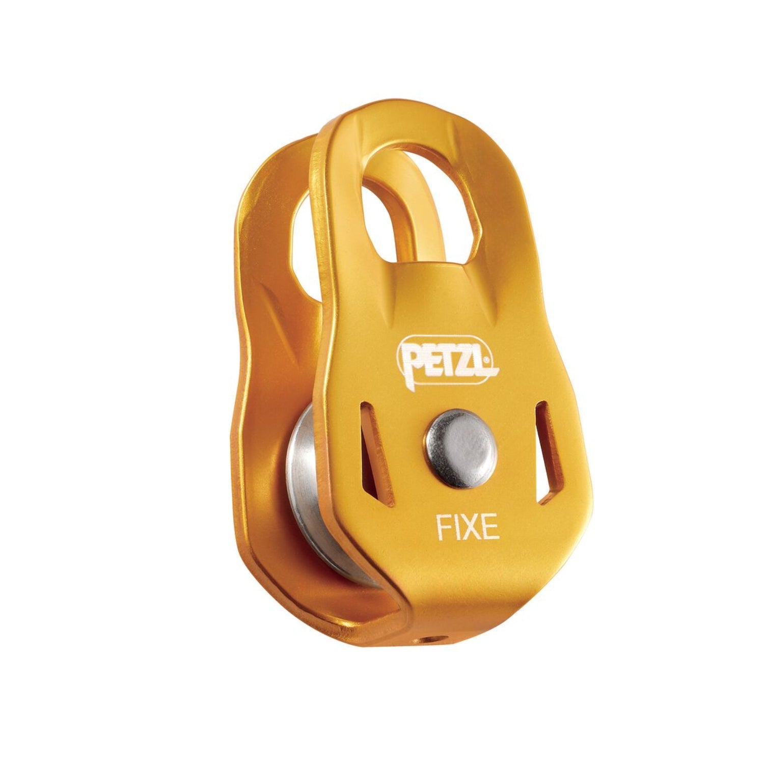 Yellow climbing pulley with 'Petzl' branding on a white background