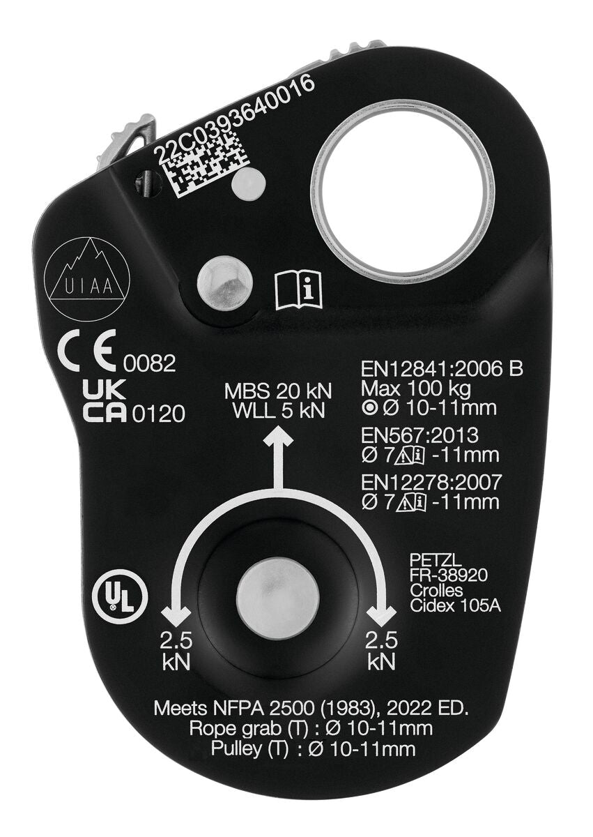 Yellow PETZL Mini Traxion pulley system on a white background