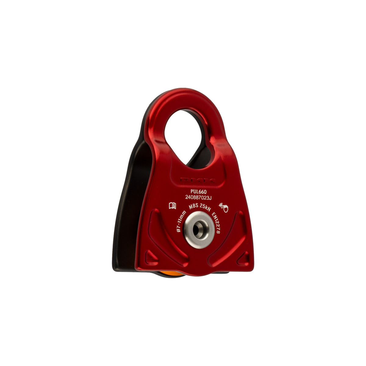 Red and black pulley system on a white background