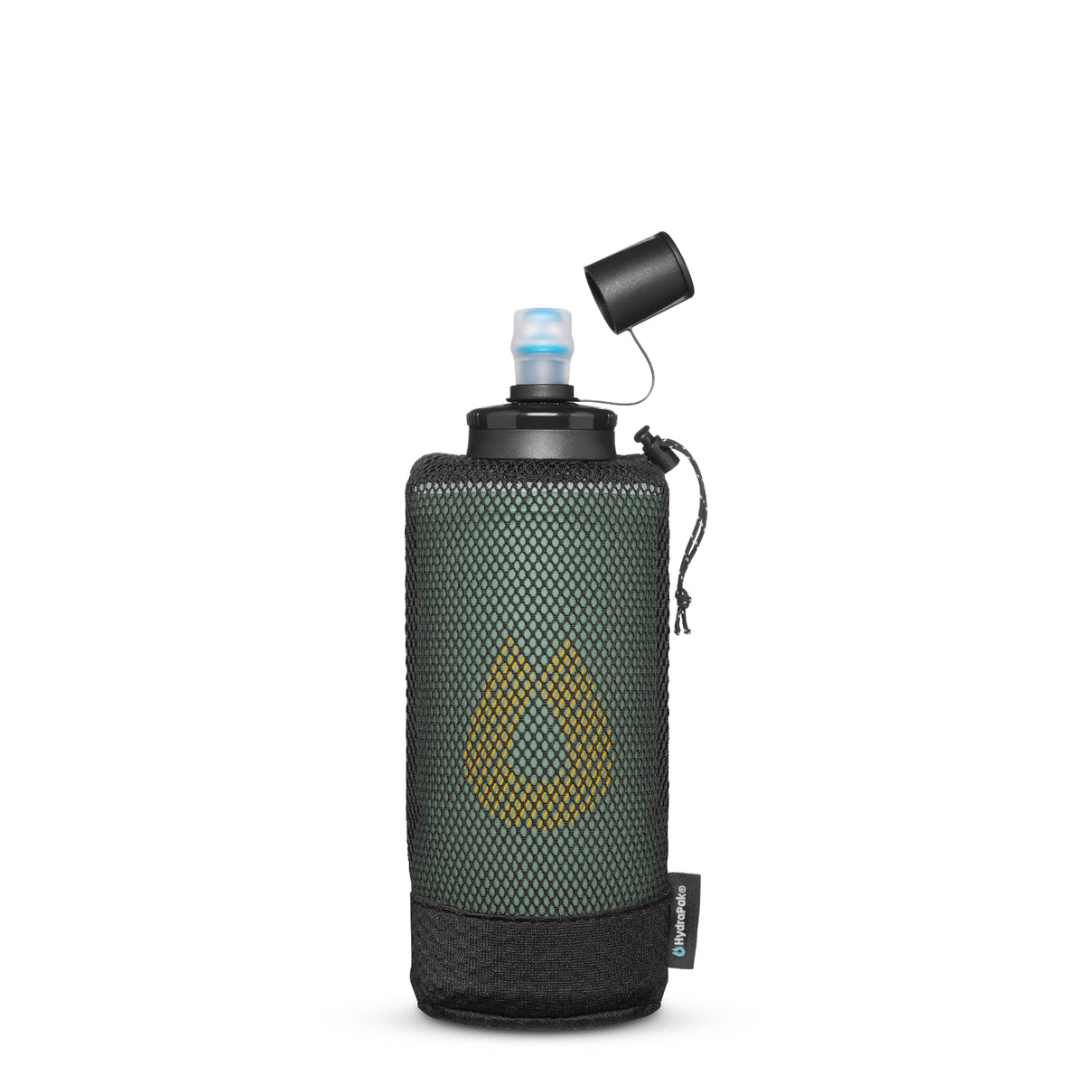 Green mesh water bottle holder with black top on a white background