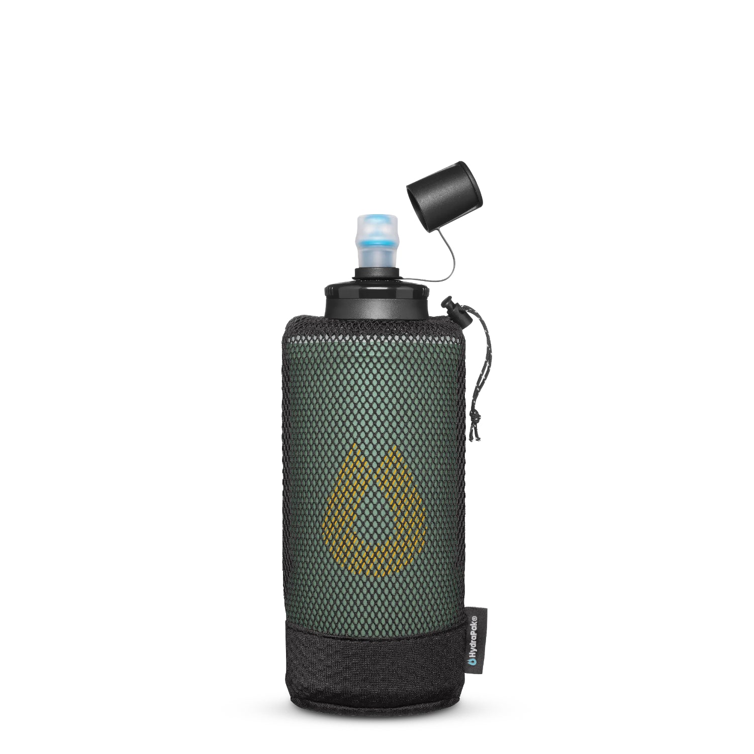 Green mesh water bottle holder with black top on a white background
