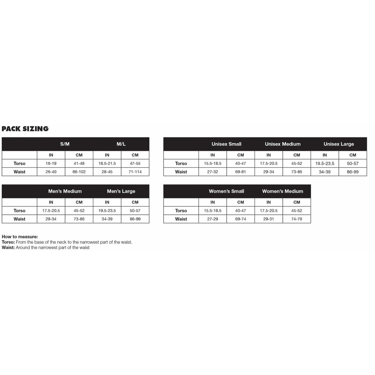 Black Diamond Creek 35, size chart