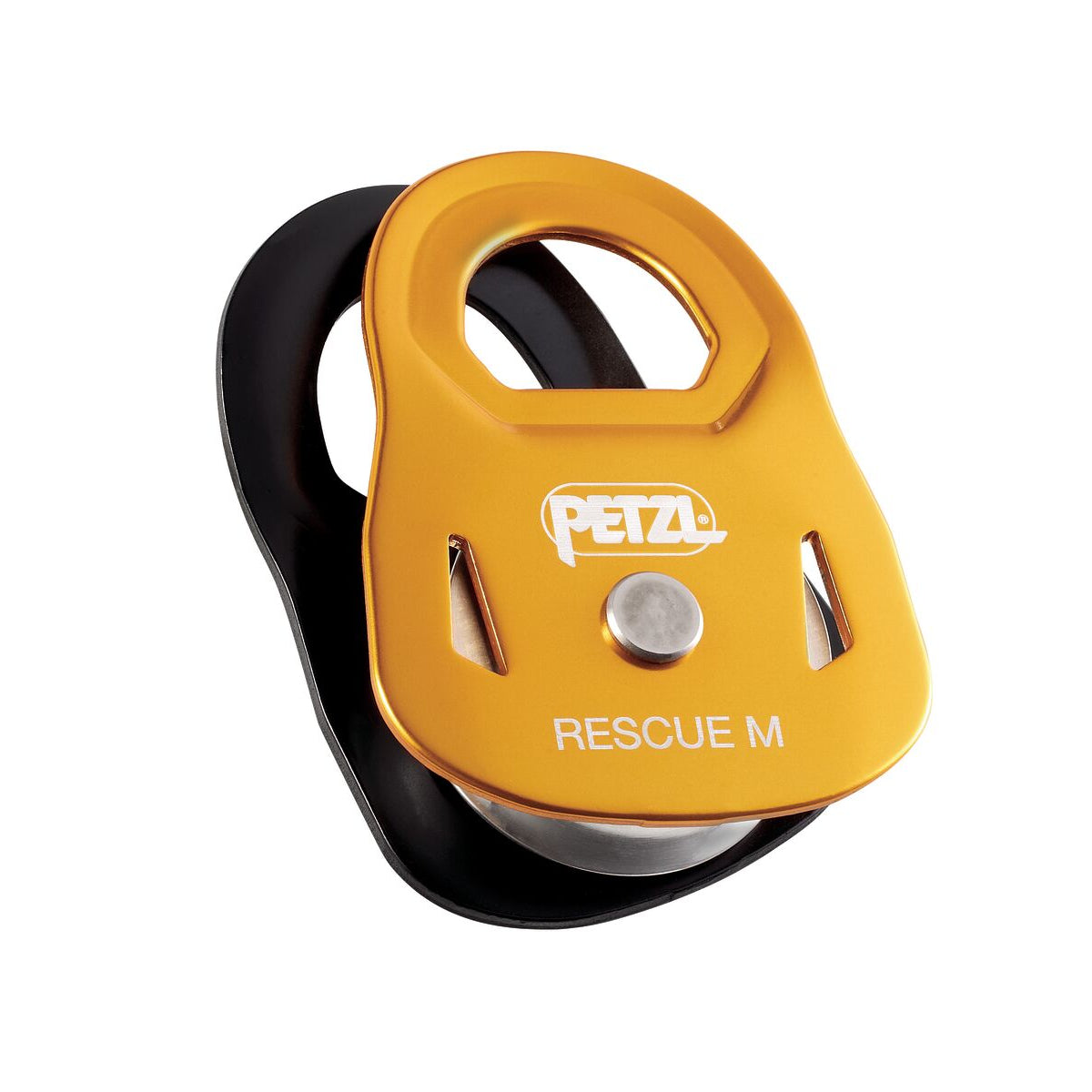Yellow and black PETZL rescue pulley on a white background