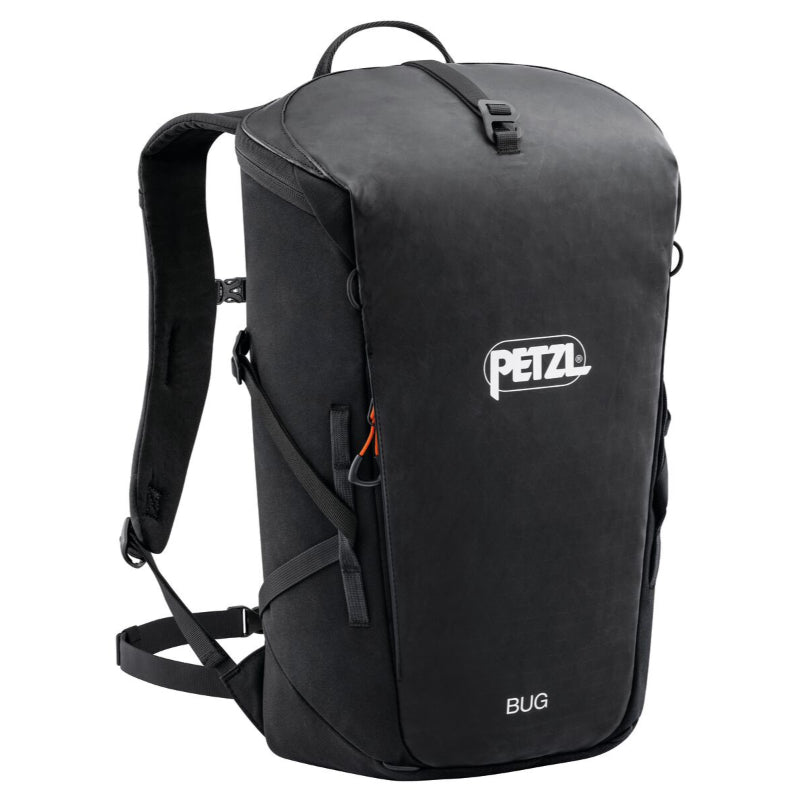 Petzl Bug Black backpack for multipitch Climbing and everyday use on a white background 