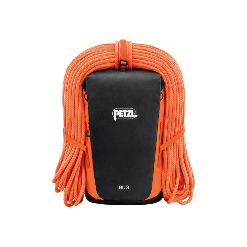 Petzl Bug Orange Backpack whith orange climbing rope attached over the top of the lid