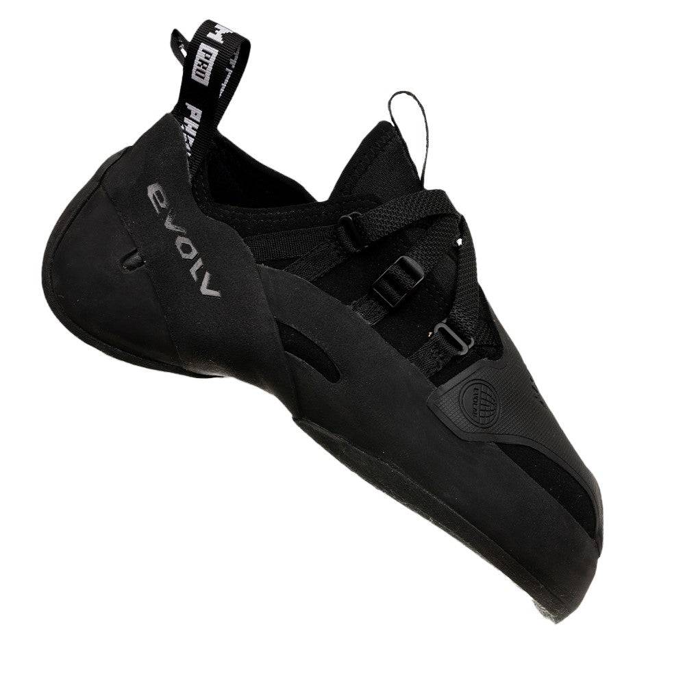 Black climbing shoes with 'Evolv' branding on a white background