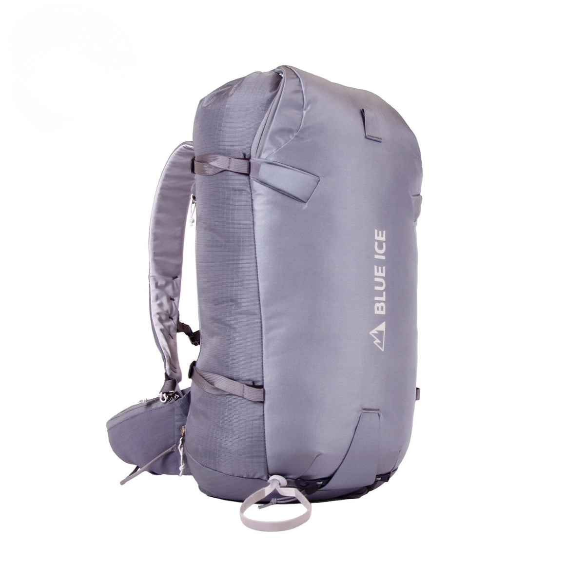 A light gray waterproof backpack shown from the side against a plain white background, featuring the brand name 'BLUE ICE' printed vertically on the side.