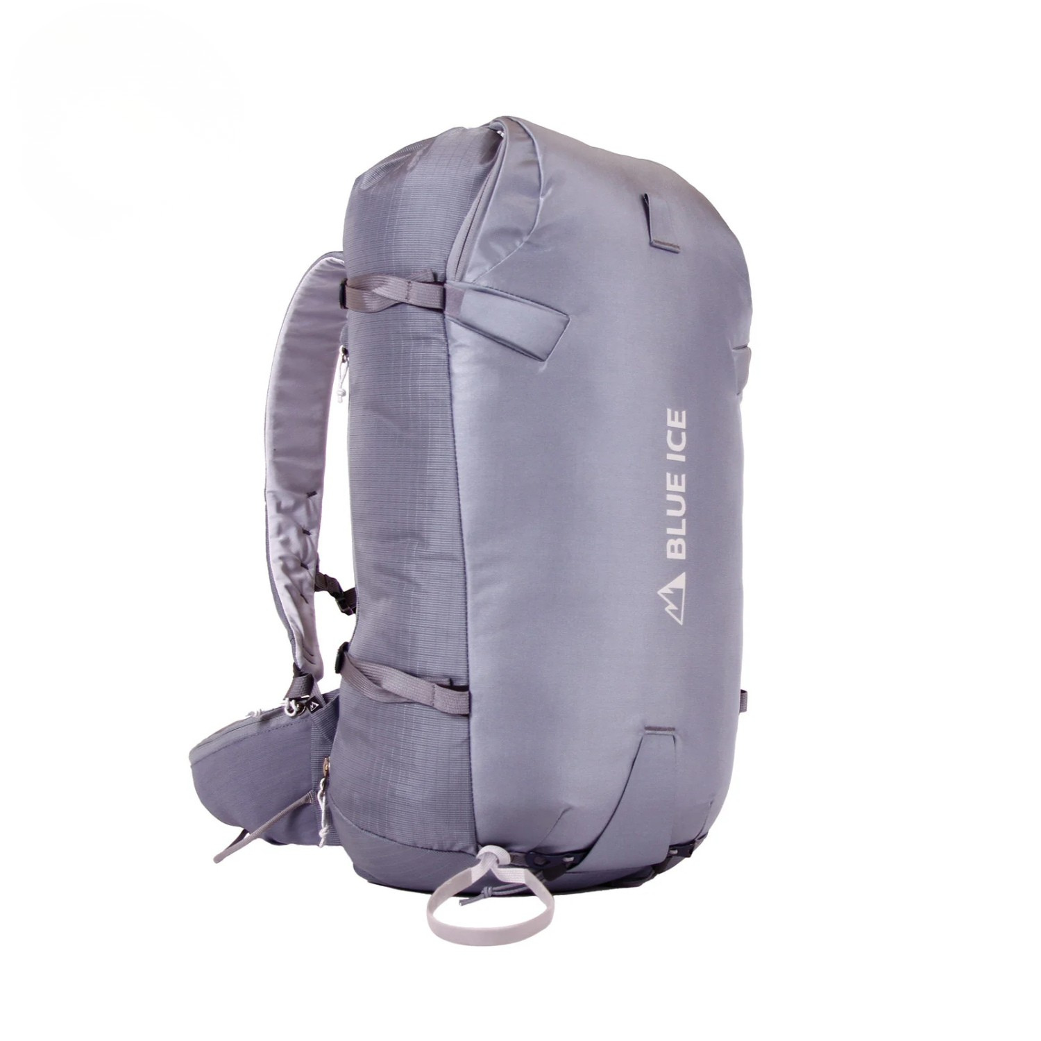 A light gray waterproof backpack shown from the side against a plain white background, featuring the brand name 'BLUE ICE' printed vertically on the side.