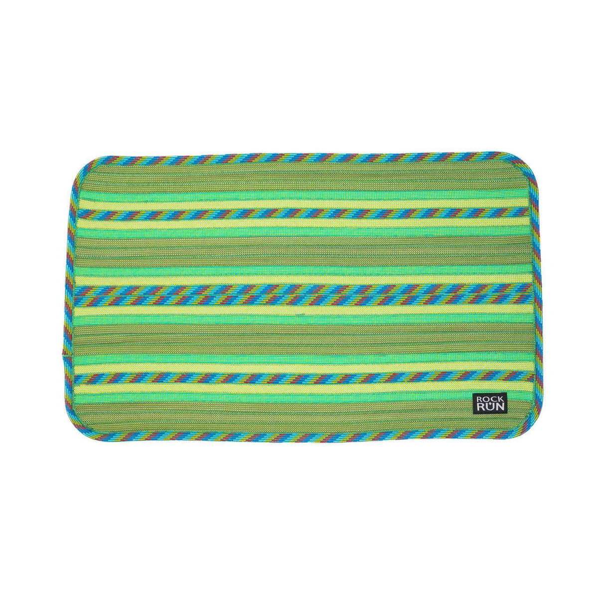 Green and blue striped mat with a brand logo on a white background