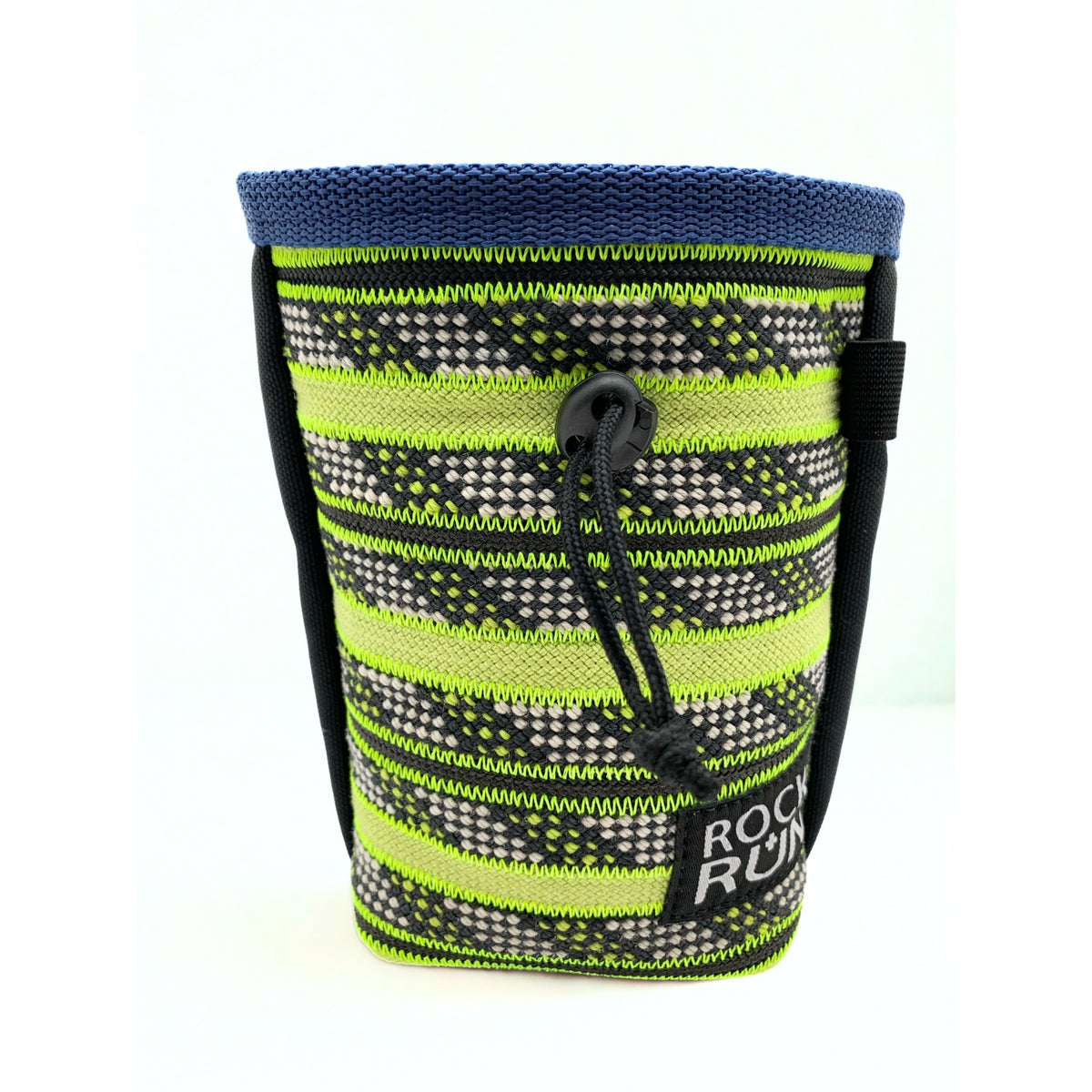 Striped chalk bag with 'Rock N Run' branding on a white background