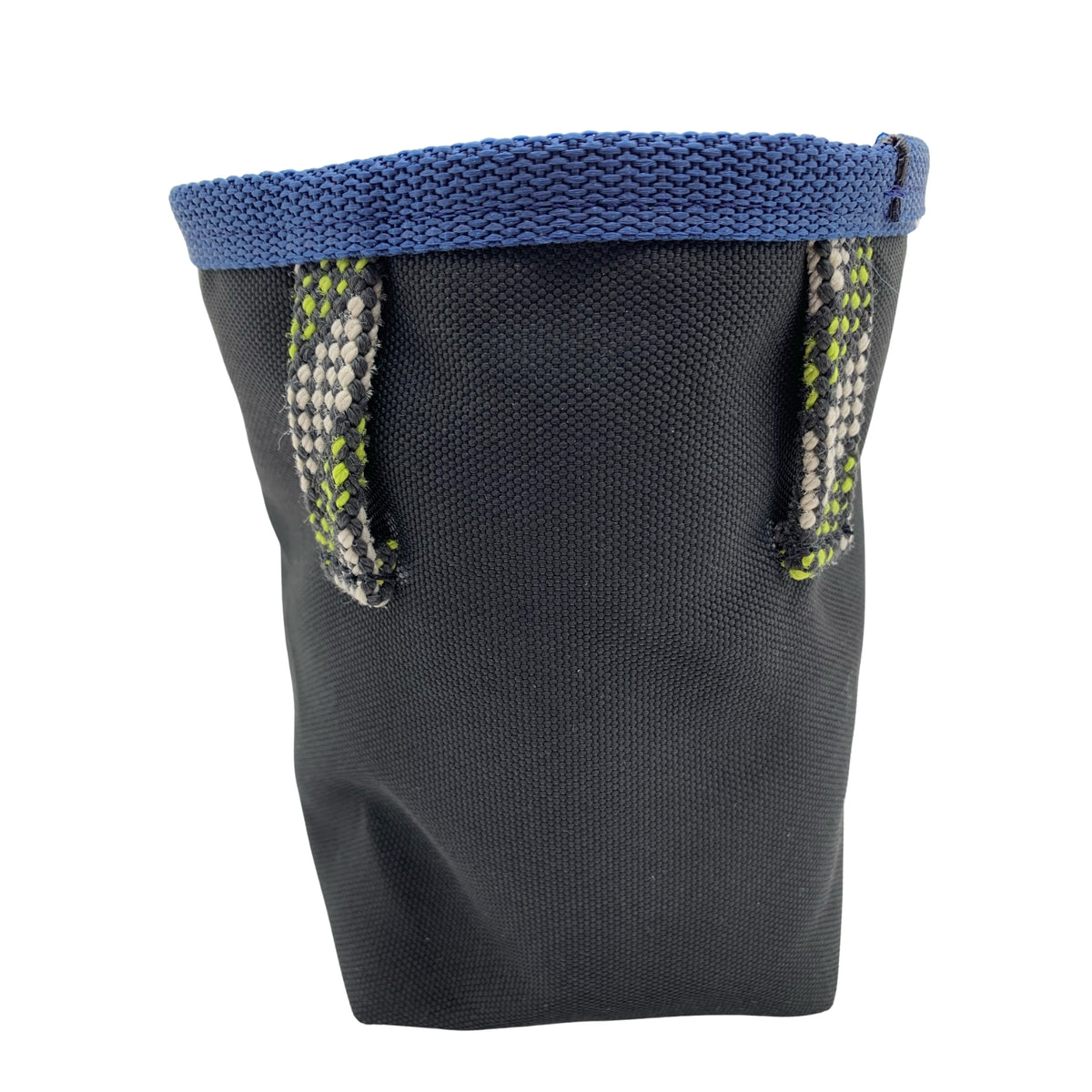 Black chalk bag with blue top and green accents on a white background