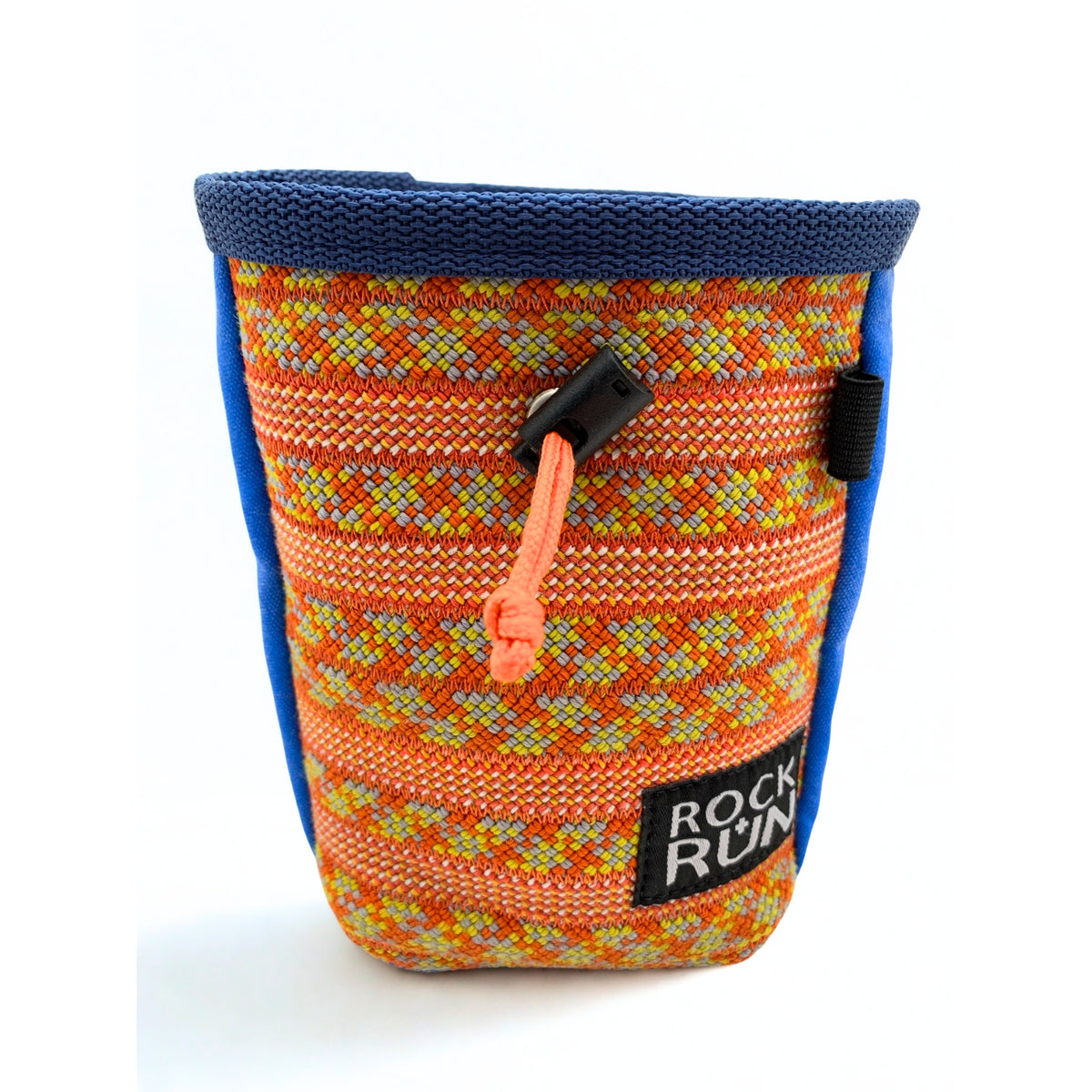 Colorful chalk bag with blue top and orange pattern on a white background