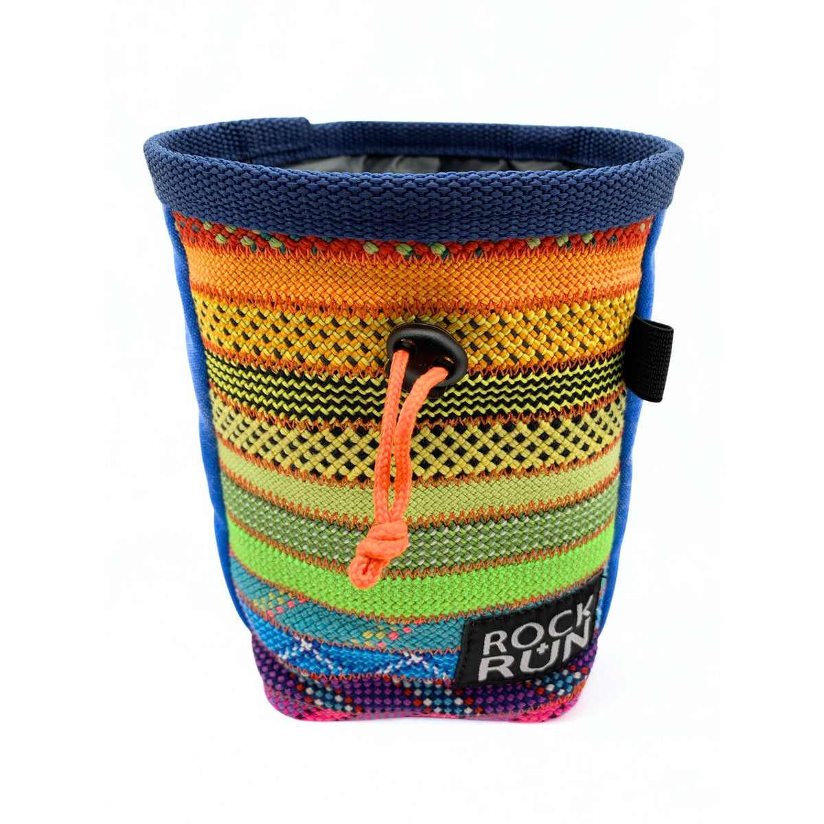 Colorful striped chalk bag with 'Rock N Run' branding on a white background