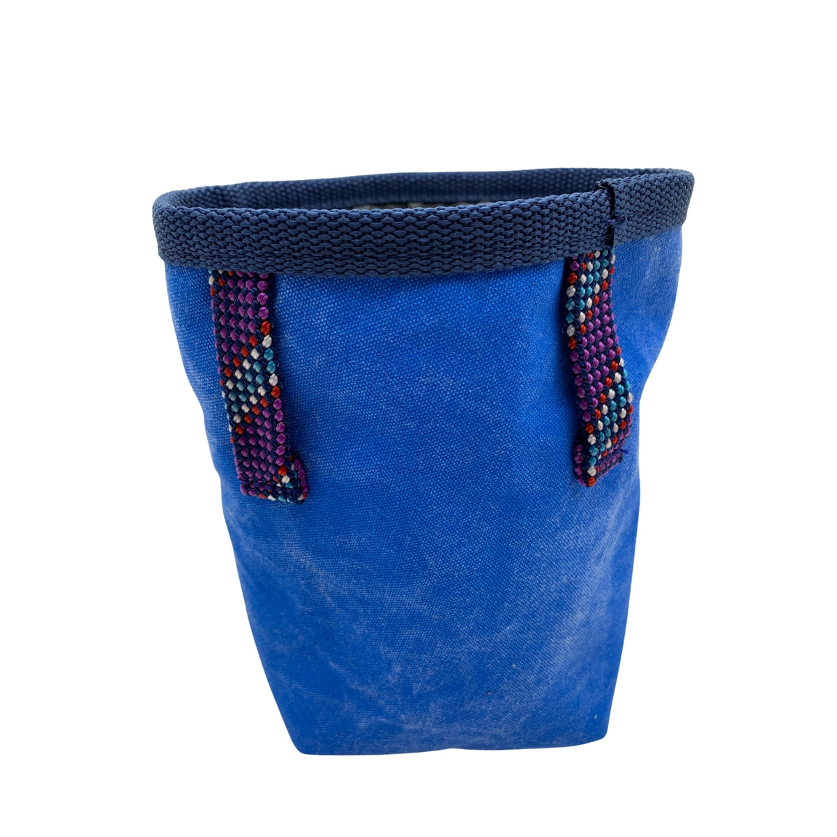 Blue chalk bag with colorful straps on a white background